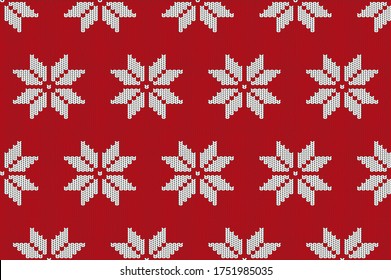 Christmas hand-knitted snowflake seamless pattern on red . Winter sweater texture. Editable cozy realistic illustration.