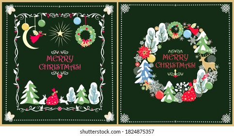 Christmas handmade childish greeting cards with Xmas wreath with baubles, gingerbread, snowy trees and conifer, angel, reindeer, poinsettia, present, hare and paper cutting snowflakes