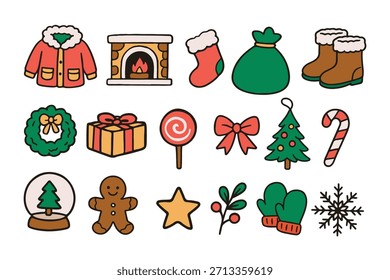Weihnachten handgezeichnete Vektorgrafik-Set. Enthält solche Geschenkbox, warme Kleidung, Winter und mehr. Design für Aufkleber, Karte, Poster, Einladung, Gruß