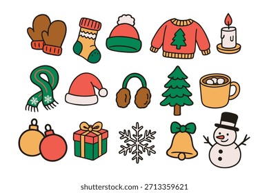 Christmas handrawn vector illustration set. Contains such gift box, warm clothes, winter and more. Design for sticker, card, poster, invitation, greeting
