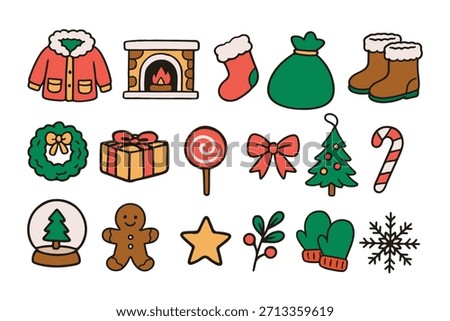 Christmas handrawn vector illustration set. Contains such gift box, warm clothes, winter and more. Design for sticker, card, poster, invitation, greeting
