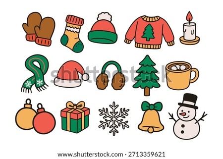 Christmas handrawn vector illustration set. Contains such gift box, warm clothes, winter and more. Design for sticker, card, poster, invitation, greeting