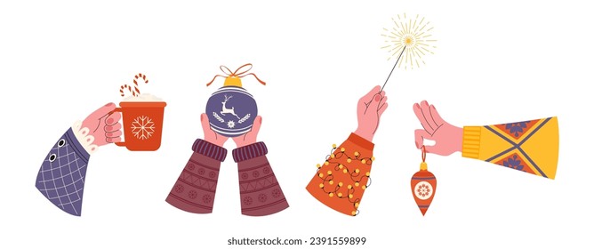 Christmas hands hold a New Year's toy,cup, sparkler. Set of hands with festive decorations. Congratulations bright gloves in 90s retro groovy style