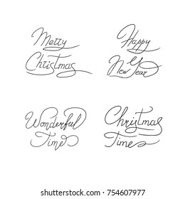 Christmas Handwritten Lettering collection in line style. Isolated on white