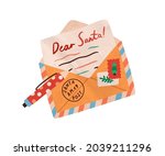 Christmas handwritten wish letter to Santa Claus. Pencil and open post envelope on Xmas eve. Traditional written paper mail to North Pole. Colored flat vector illustration isolated on white background