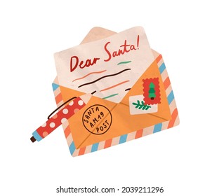 Christmas Handwritten Wish Letter To Santa Claus. Pencil And Open Post Envelope On Xmas Eve. Traditional Written Paper Mail To North Pole. Colored Flat Vector Illustration Isolated On White Background