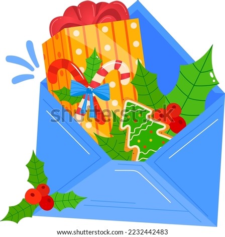 Christmas handwritten wish letter to Santa Claus vector illustration. Open post envelope with decoration Xmas eve. Traditional mail to North Pole vector illustration isolated on white background