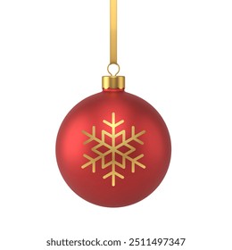 Christmas hanged red ball toy with golden snowflake decorative element 3d icon realistic vector illustration. Winter traditional holiday premium sphere shape bauble for festive holiday decor design