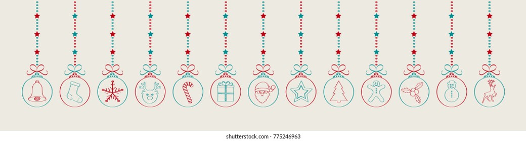 Christmas hanging balls - hand drawn decorations. Vector.