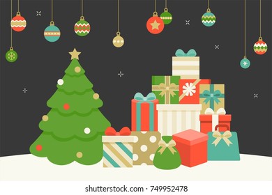 Christmas hanging balls, Pile of present boxes and Christmas tree on snow floor, flat design vector