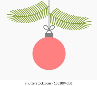 Christmas hanging bauble ornament and spruce branches. Vector illustration.
