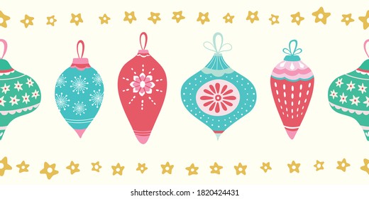 borde de diseño de patrones de baudillos colgantes de Navidad, ilustración estacional vectorial de repetición sin fisuras con estrellas.