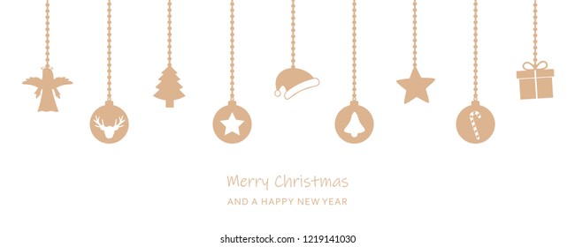 christmas hanging decoration greeting card white background fir santa cap angel gift candy cane star bell on white background vector illustration EPS10
