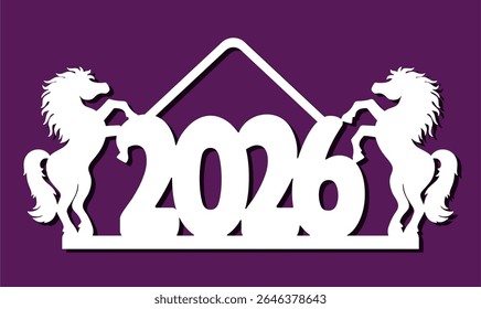Christmas hanging decoration. Two horses hold the numbers of the year 2026. Sign for door, interior, Christmas tree. Template for plotter laser cutting of paper, wood carving, metal engraving, cnc.