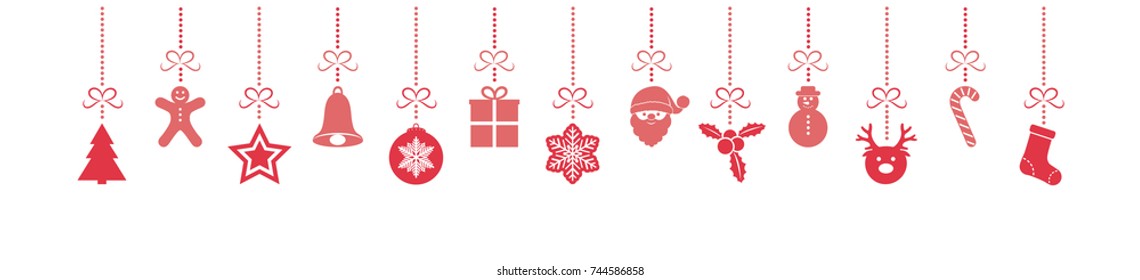 Christmas hanging decorations isolated on white background - banner. Vector.