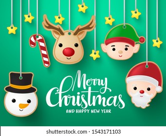 Christmas hanging elements vector background design. Merry christmas greeting typography text with reindeer, snowman, santa claus, elf, candy cane and stars hanging elements in green background.