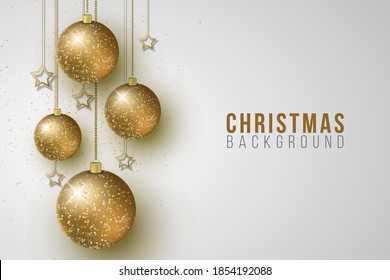 Christmas hanging glittering balls and golden stars on a bright background. Festive design for banner or poster. Vector illustration. EPS 10