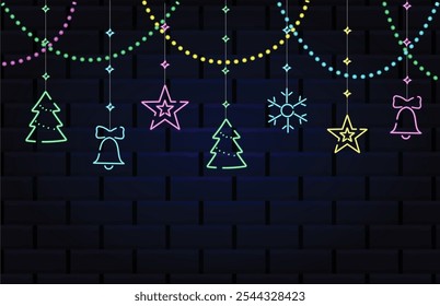 Navidades que cuelgan la decoración de neón, fondo aislado brillante del ornamento coloreado, Ilustración vectorial. Concepto de Feliz Año Nuevo y Feliz Navidades.