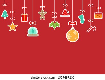 Christmas hanging ornaments decoration on red background, vector illustration. Flat design of Christmas background concept.