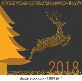 Christmas hanging ornaments decorations - gold reindeer, snowflakes, stars. Christmas and new year greeting and invitation card background. Vector illustration
