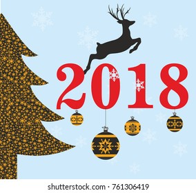 Christmas hanging ornaments decorations - gold reindeer, snowflakes, stars. Christmas and new year greeting and invitation card background. Vector illustration
