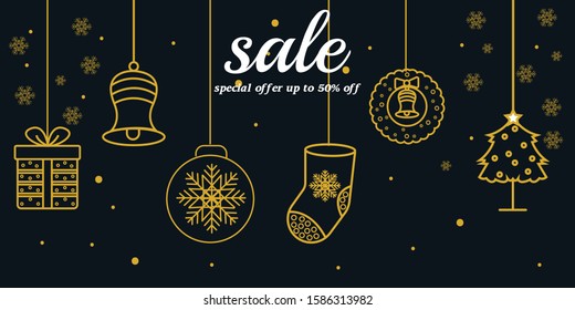 Christmas hanging ornaments isolated on black background 