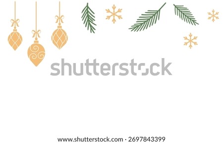 Christmas hanging ornaments and pine branches vector border, gold snowflakes and green fir needles, minimal holiday decoration for greeting card, banner, and invitation design.