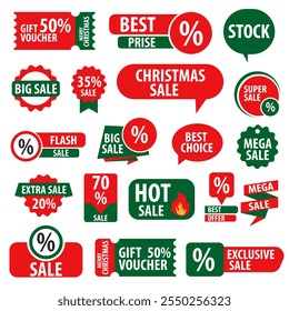 Christmas hanging sale tags with different shapes and discount text for Christmas holidays marketing promotions. EPS 10.