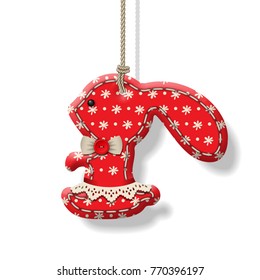 Christmas hanging textile handmade decorations, red rabbit with shadow. Holiday vector ornament on a white background
