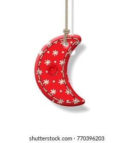Christmas hanging textile handmade decorations, red moon with shadow. Holiday vector ornament on a white background