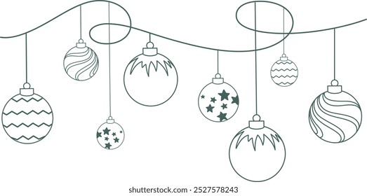 christmas hanging vector background. christmas balls line art decoration set