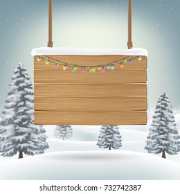 christmas hanging wood board sign on snow