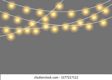 Christmas hanging yellow luminous garland, ribbon, pattern. Decorative holiday decorations. Vector xmas design elements isolated background.