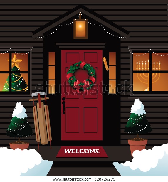 Christmas Hanukkah Front Door Menorah Mezuzah Stock Vector