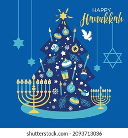 Christmas and Hanukkah holiday banner design with christmas tree. Winter hanukkah illustration with candels.