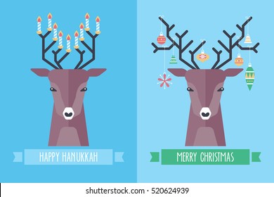 Christmas and Hanukkah holiday celebration concept with deer