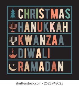 Christmas Hanukkah Kwanzaa Diwali Ramadan ,vintage retro wavy graphic design