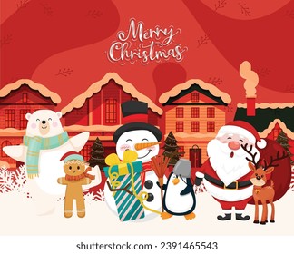 Feliz Navidad, tarjeta de saludo navideña, feliz víspera de Año Nuevo con hombre de nieve, hombre de jengibre, pingüino, reno, santa claus y osito de peluche, casas de navidad, alegres textos de navidad, fondo rojo