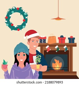 Christmas happiness man woman. Christmas tree, gifts, family. Vector illustration.