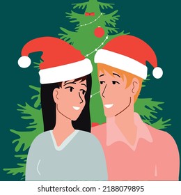 Christmas happiness man woman. Christmas tree, gifts, family. Vector illustration.