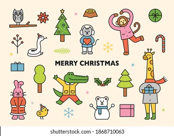 Christmas and happy animals. Anthropomorphic animal characters are holding Christmas gifts. flat design style minimal vector illustration.