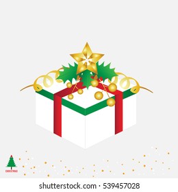 Christmas and happy birthday colourful gift box decoration with gold ribbon and copy space for your text.