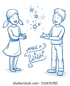 Christmas, happy children, girl and boy catching stars and making wishes. Hand drawn cartoon doodle vector illustration.