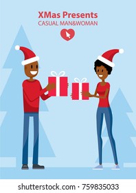 Christmas Happy Couple. African and African-American Man and Woman in Love. People Give Each Other New Year Presents. Young Adult Family. Millennials Characters Flat Vector Art Design Illustration.