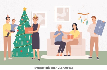 Christmas with happy family at home. Cartoon people celebrating xmas together near fir tree. Parents giving gift box to child. Grandmother receiving present from daughter vector, holiday tradition