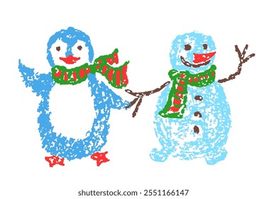 Christmas happy funny penguin and cute snowman smiling friendly hand waving hello. Like child`s hand drawn crayon, pastel chalk, pencil kids art flat cartoon or doodle style. Simple holiday character