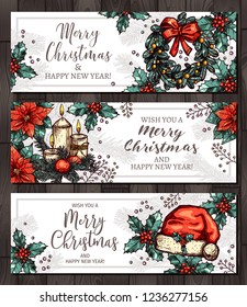 Christmas happy holiday horizontal banners for web. Colorful design for greeting cards with vector hand drawn sketch illustartion