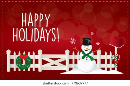 Christmas Happy Holiday illustration vector with fence and snowman