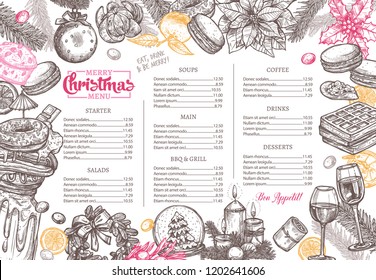 Christmas happy holiday layout of festive menu. Hand drawn and sketch design and template for restaurant and café. Vector illustration