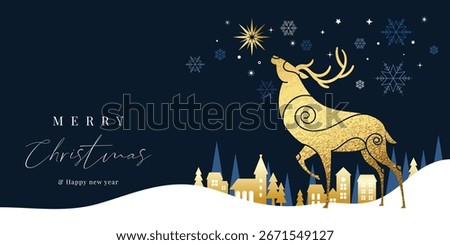 Christmas and Happy Holidays background design vector. Reindeer, house, tree, snowflake on navy blue background. Winter Design for Season's Greeting, Christmas, cover, banner, ads.